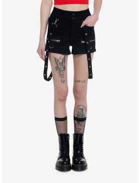 Black High-Waisted Super Skinny Shorts With Suspenders, , hi-res