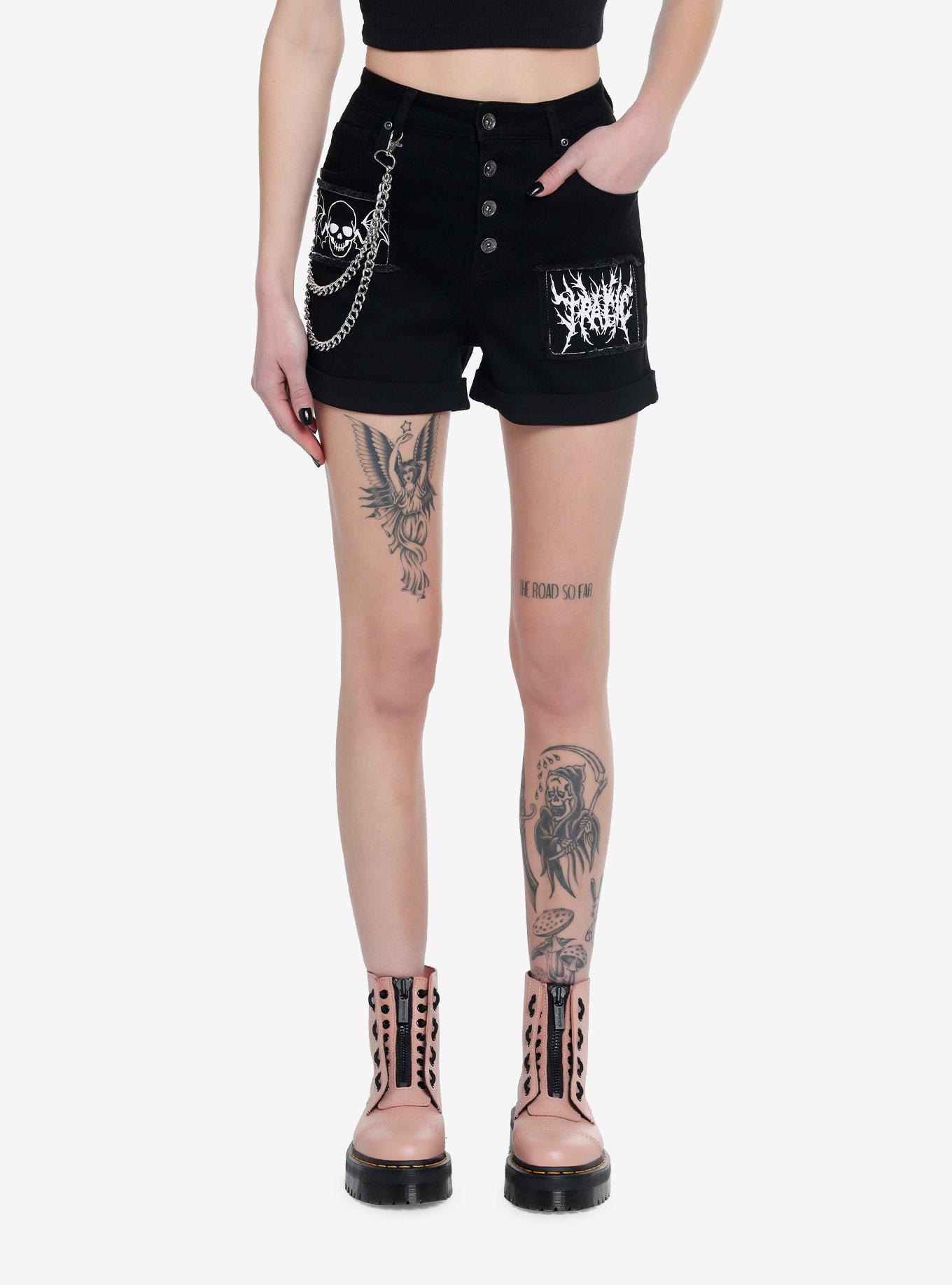 HT Denim Winged Skull & Chains Black Denim Girls Shorts, BLACK, hi-res