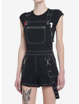 Black Contrast Stitch Suspender Shortalls, , hi-res