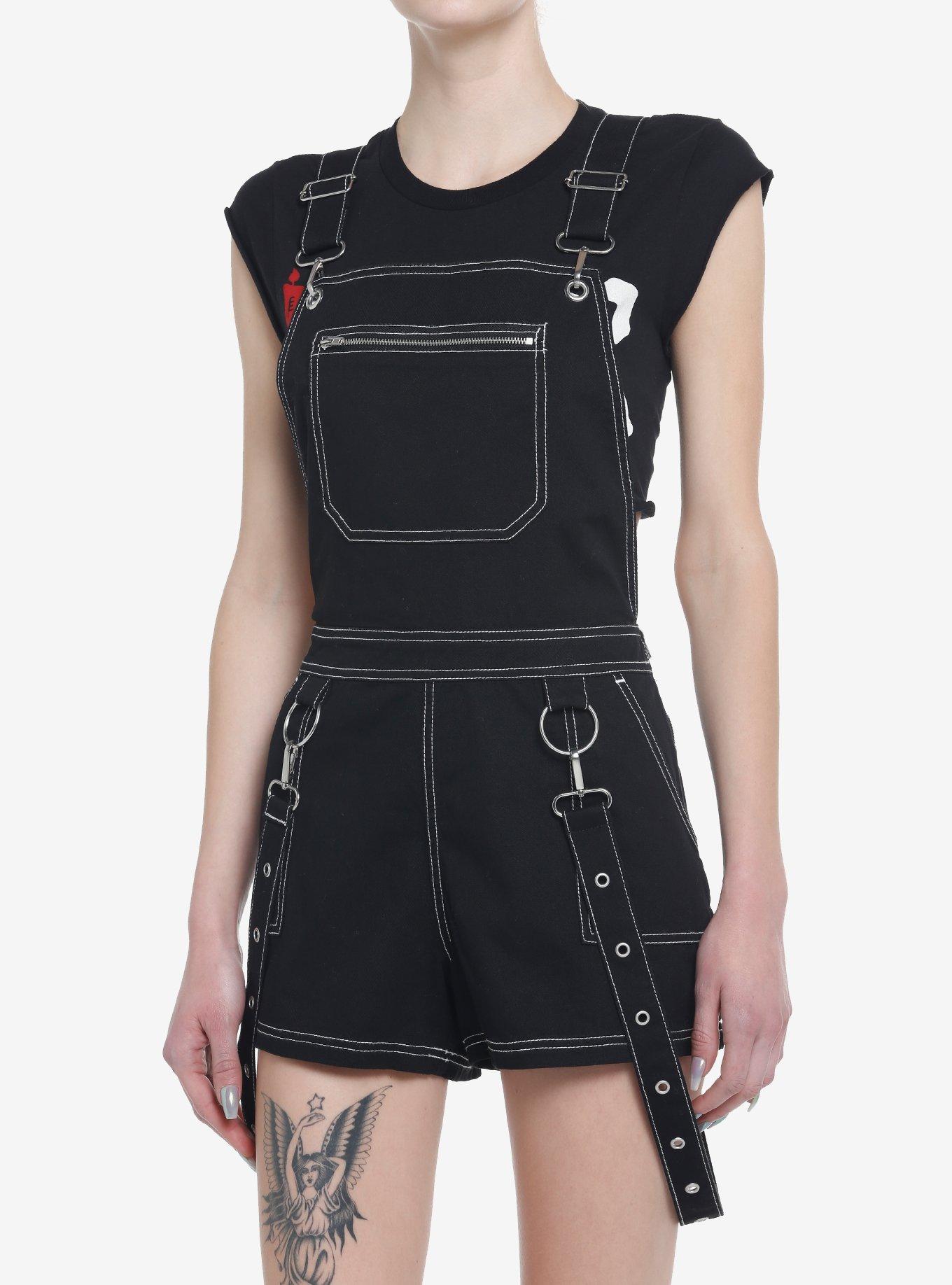 Black Contrast Stitch Suspender Shortalls, BLACK, hi-res