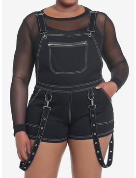 Black Contrast Stitch Suspender Shortalls Plus Size, , hi-res