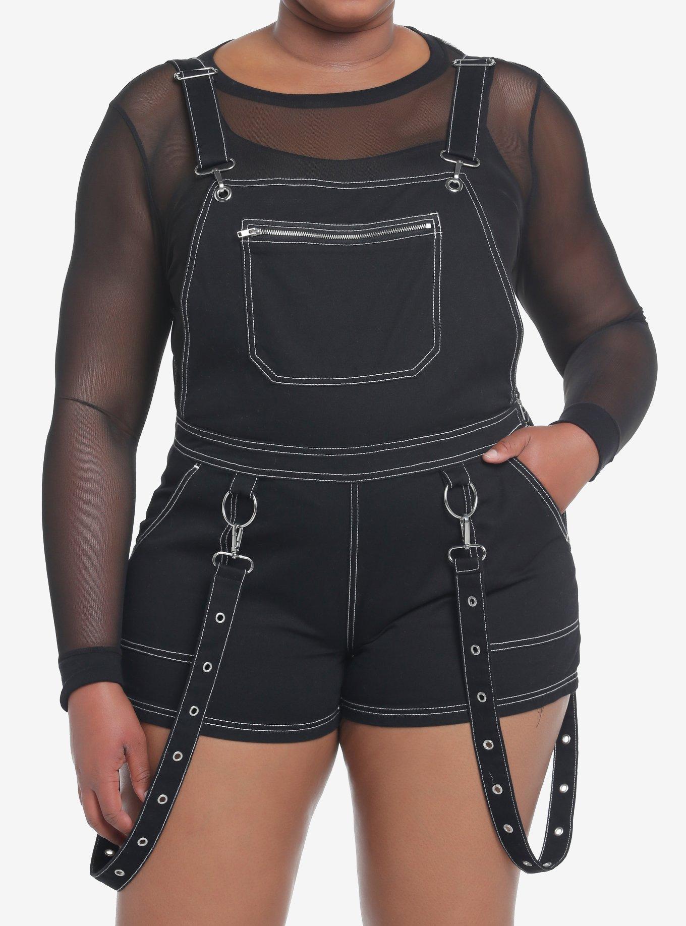 Black Contrast Stitch Suspender Shortalls Plus Size, BLACK, hi-res