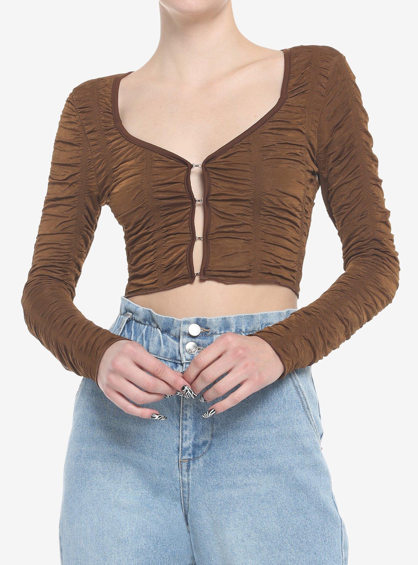 Chocolate Brown Ruched Crop Girls Long-Sleeve Top, BROWN, hi-res