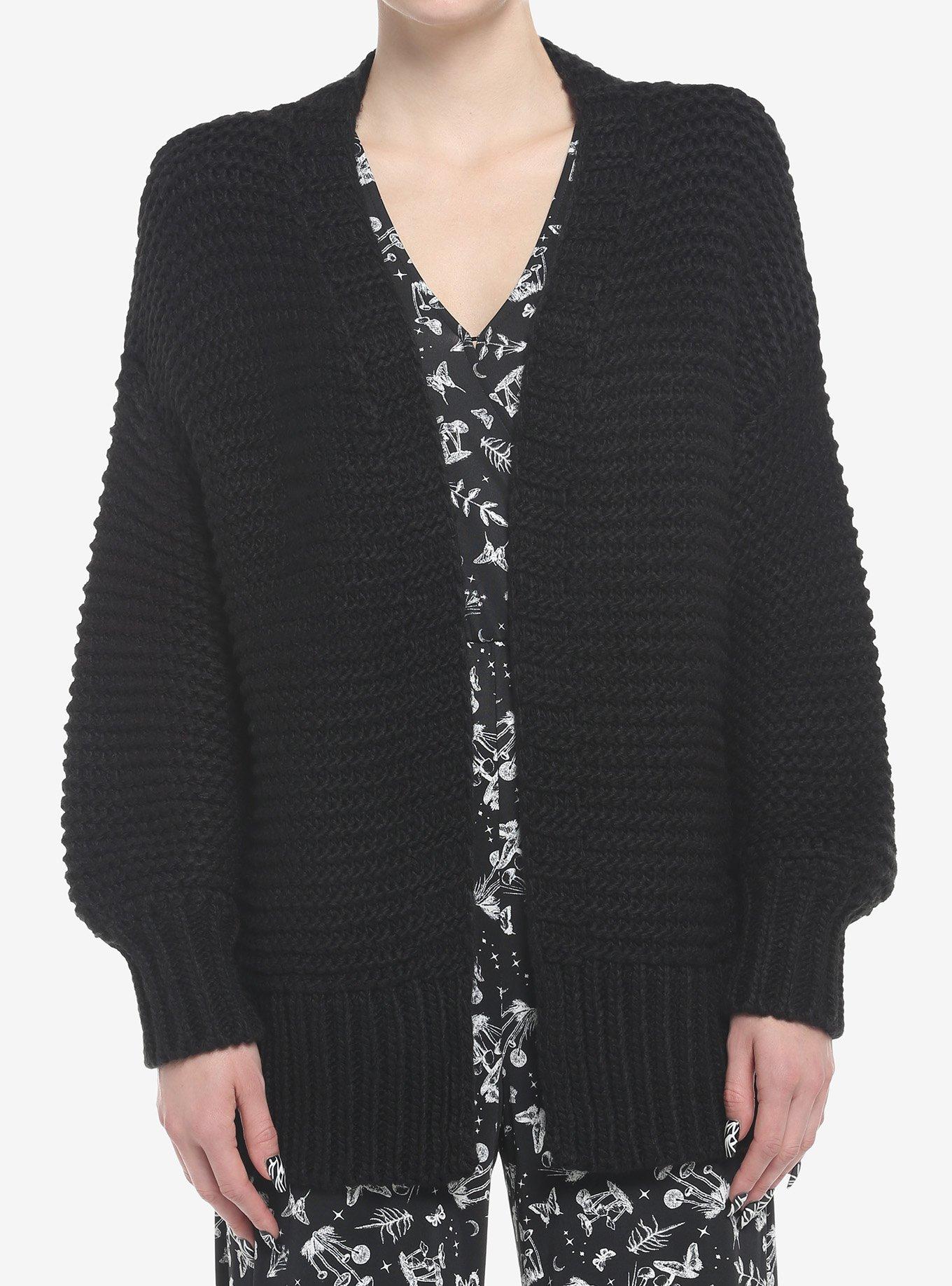 Black Chunky Knit Girls Open Cardigan, , hi-res