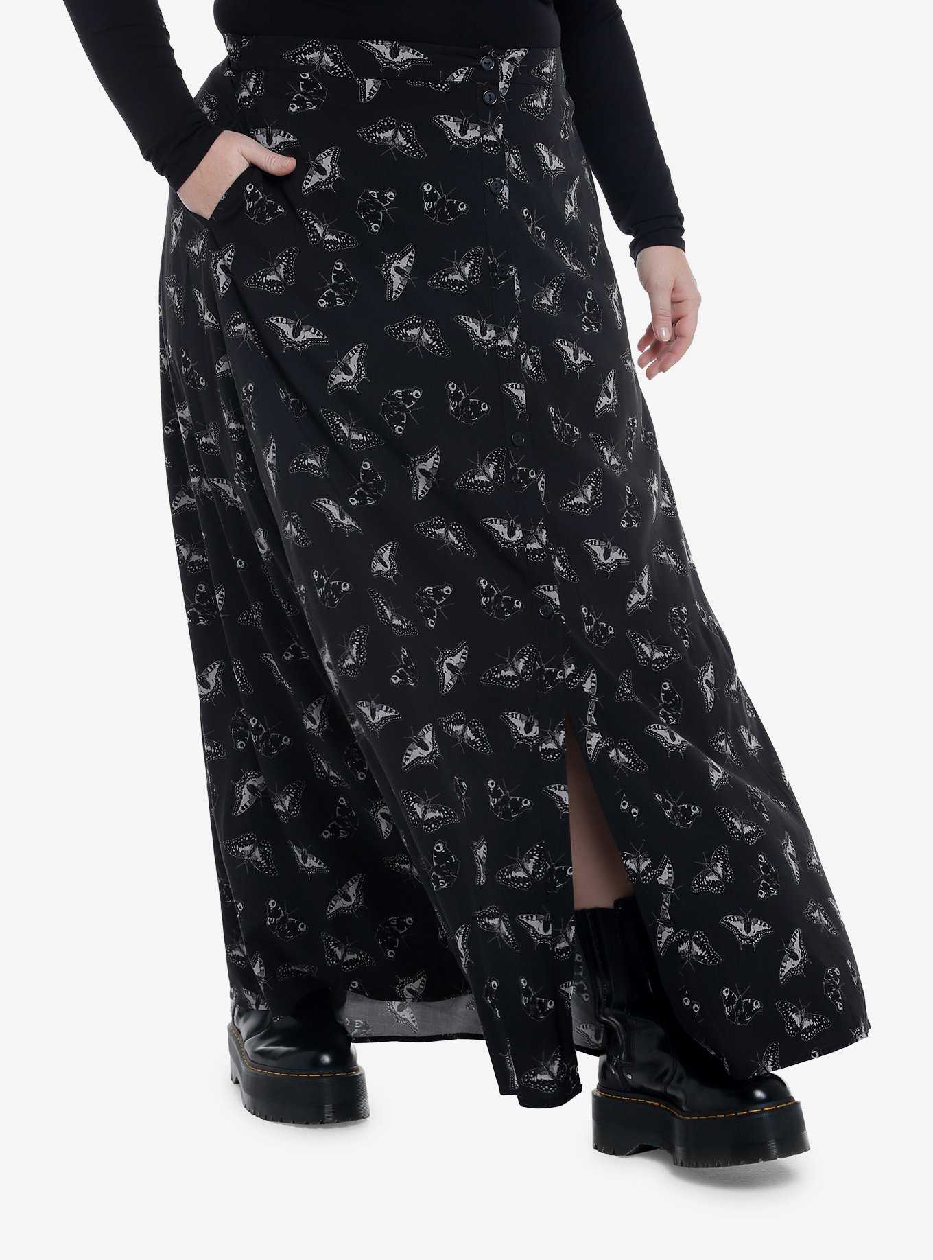 Black Moth Button Front Maxi Skirt Plus Size, , hi-res