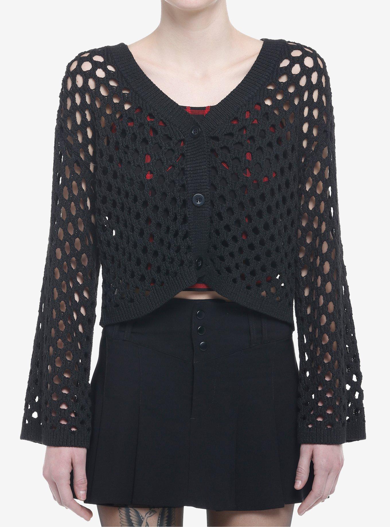 Black Distressed Fishnet Girls Crop Cardigan, BLACK, hi-res