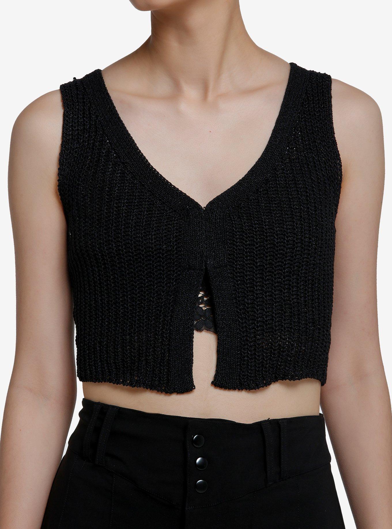 Black Knit Girls Crop Vest, BLACK, hi-res