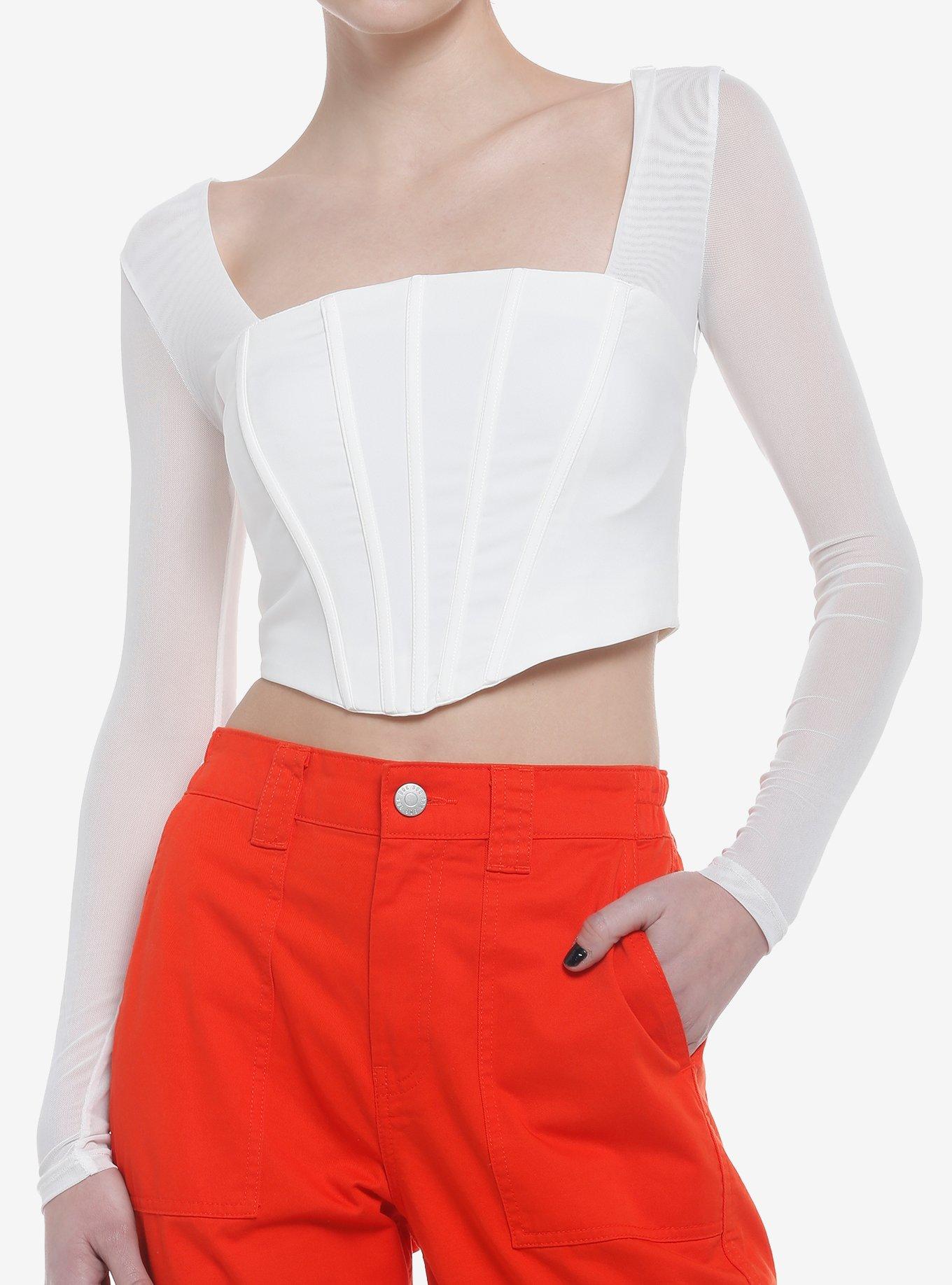 Ivory Mesh Corset Girls Crop Long-Sleeve Top, IVORY, hi-res
