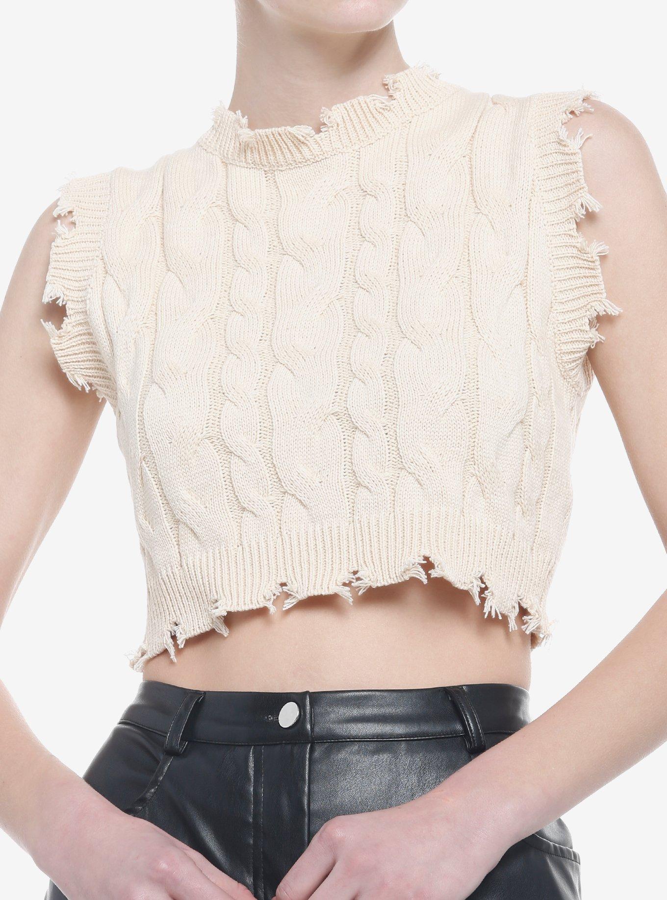 Distressed Cream Cable Knit Girls Crop Vest, , hi-res