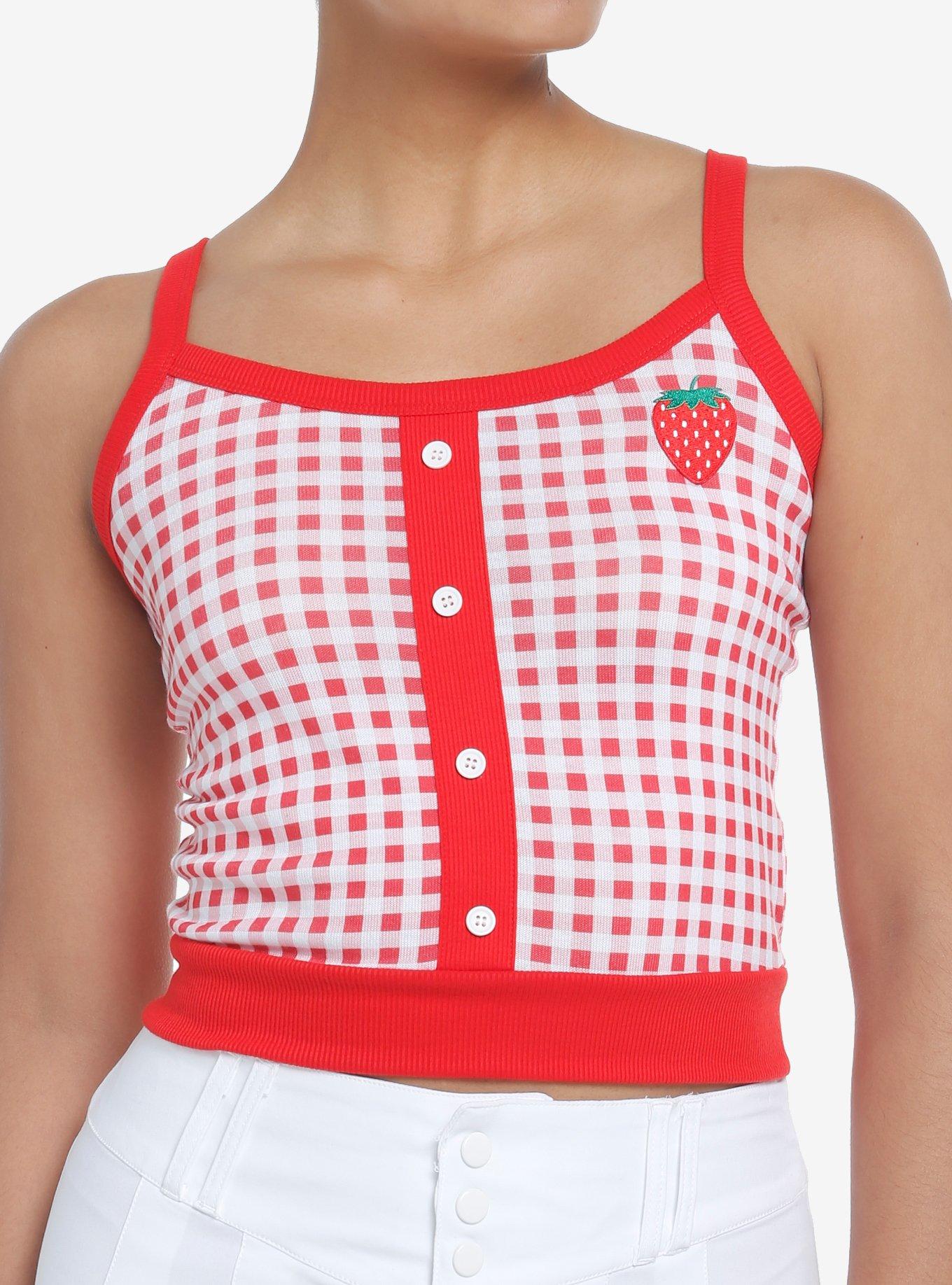 Sweet Society Red Strawberry Gingham Girls Sweater Tank Top, GINGHAM PLAID, hi-res