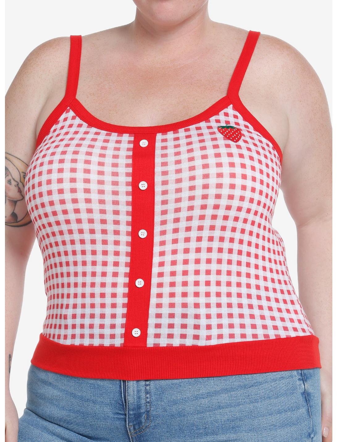 Sweet Society Red Strawberry Gingham Girls Sweater Tank Top Plus Size, GINGHAM PLAID, hi-res