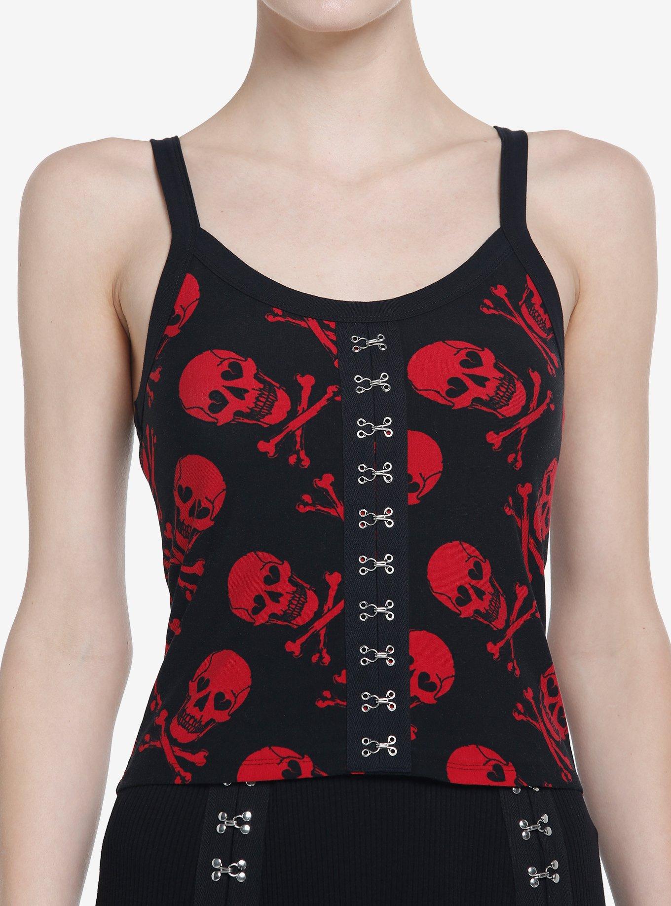 Social Collision Black & Red Skull 'N' Crossbones Hook-And-Eye Girls Cami, BLACK, hi-res