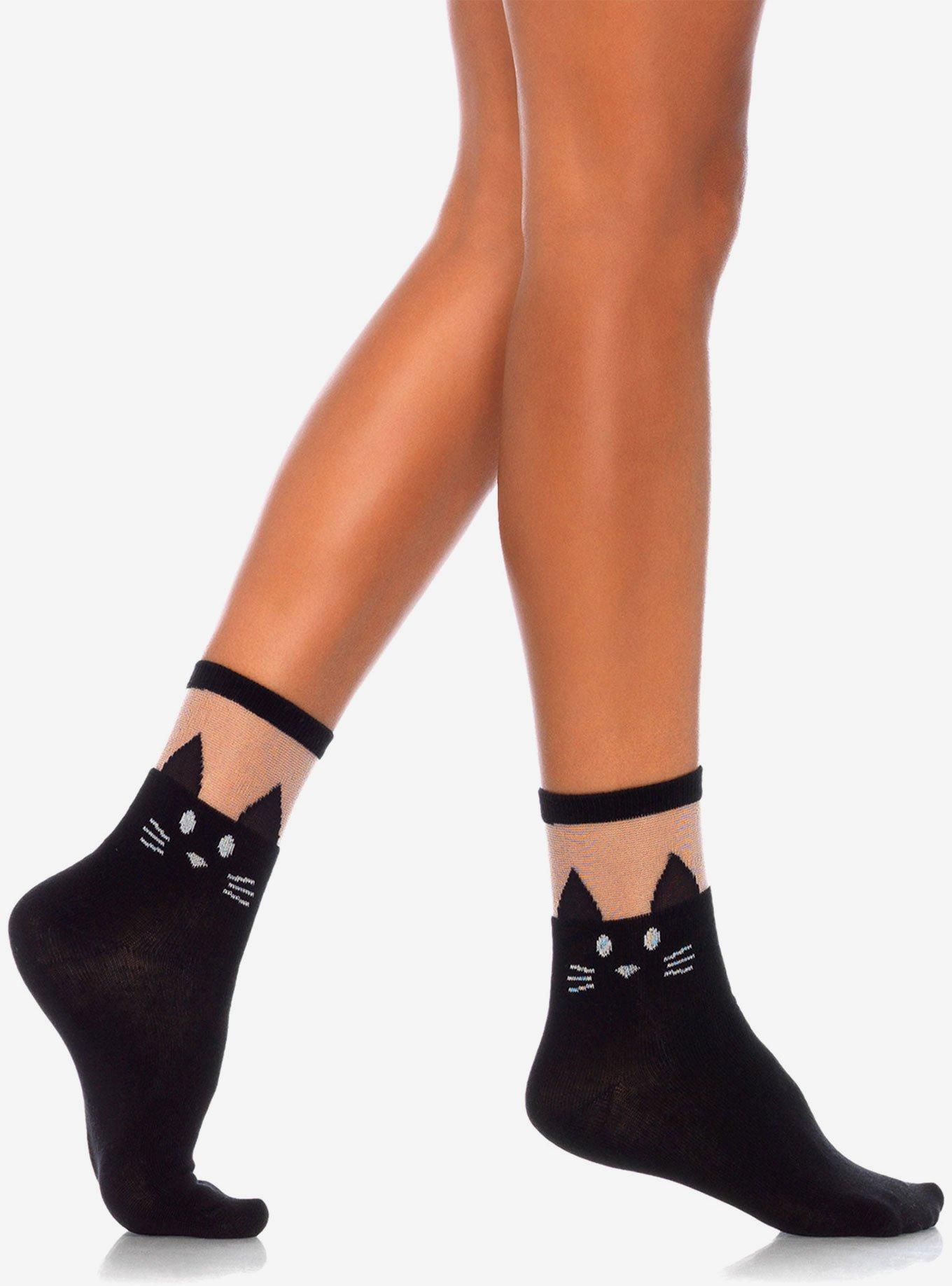 Black Cat Ankle Socks with Sheer Top Black, , hi-res