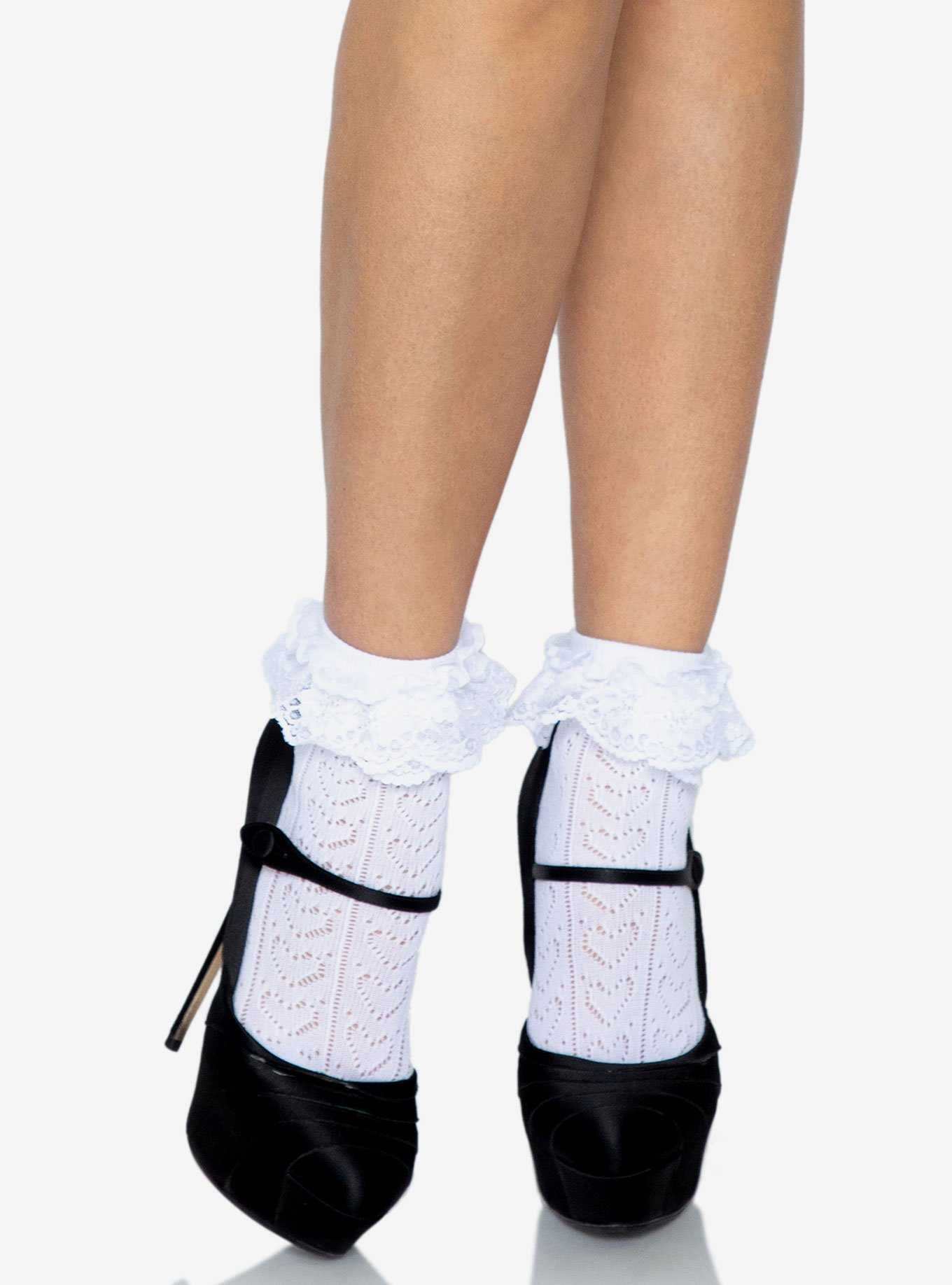 Crochet Heart Lace Top Ankle Socks White, , hi-res