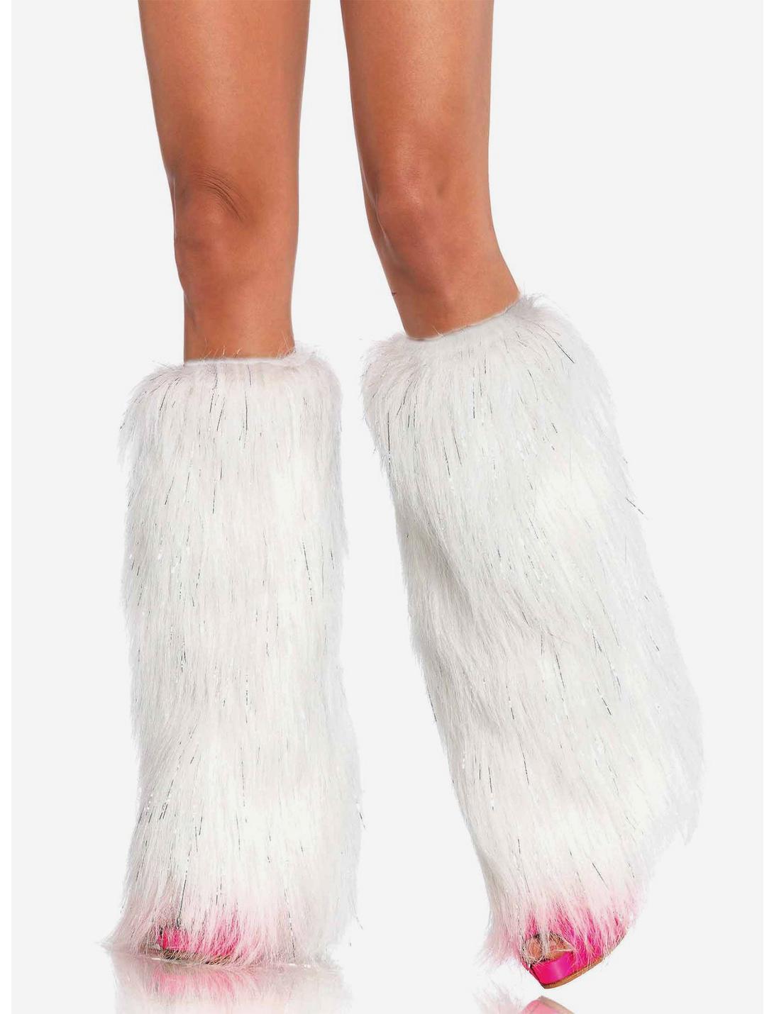 Furry Lurex Leg Warmers White & Silver, , hi-res
