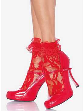 Lace Ankle Socks with Ruffle Red, , hi-res