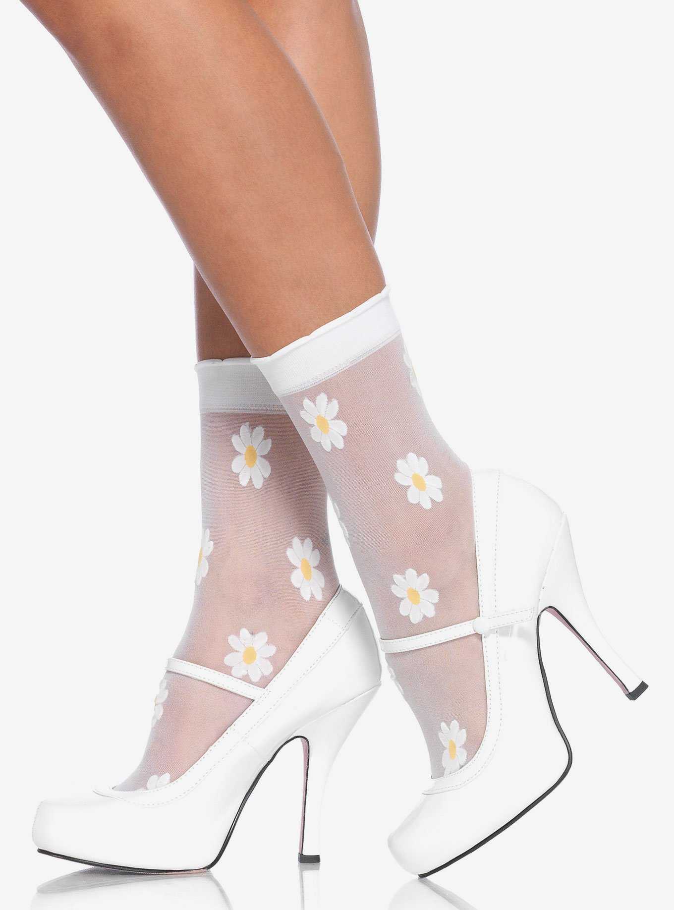 Sheer Spandex Woven Daisy Floral Ankle Socks White, , hi-res