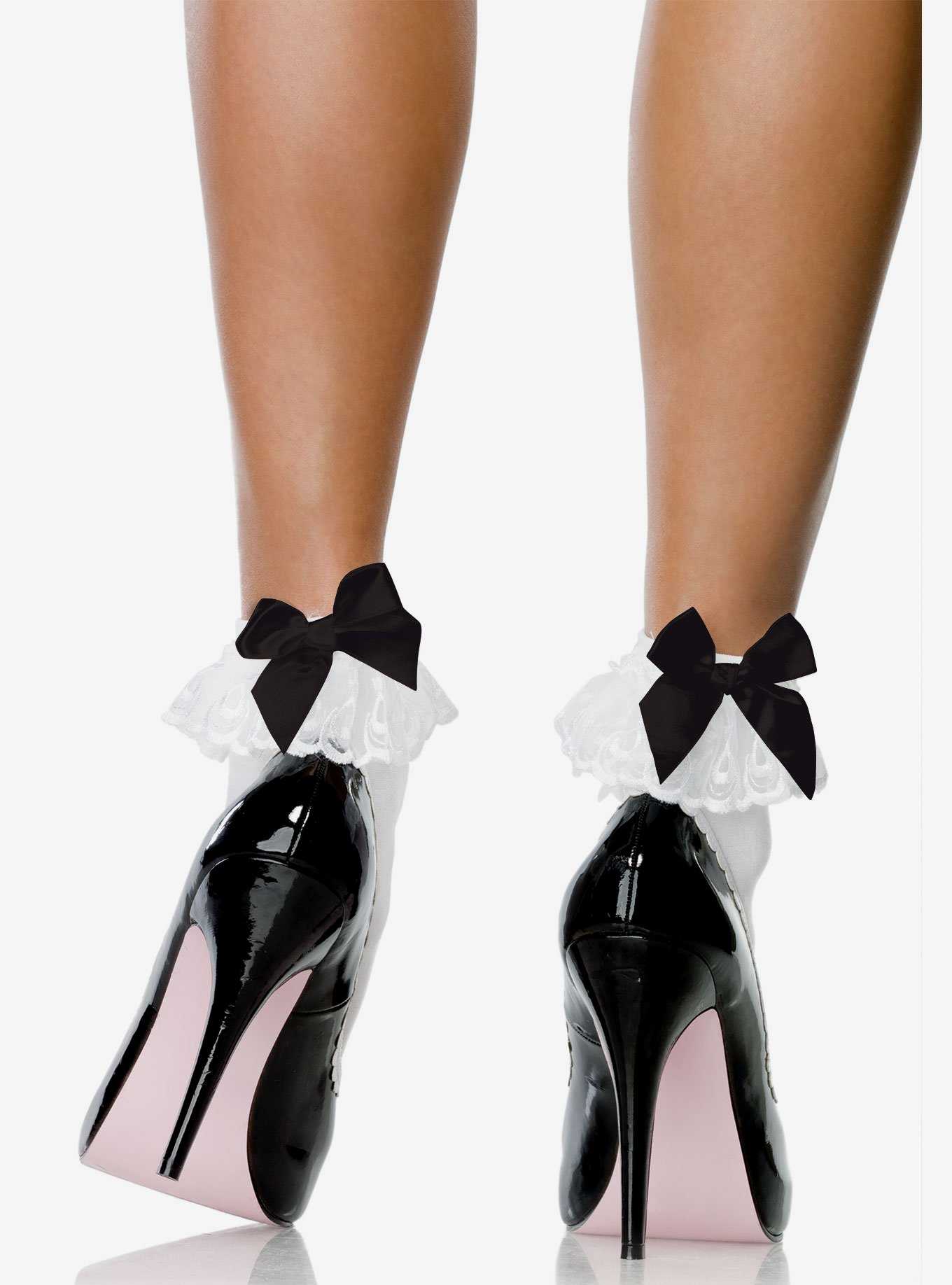 Ankle Socks Bow Lace Ruffle White with Black Bow, , hi-res