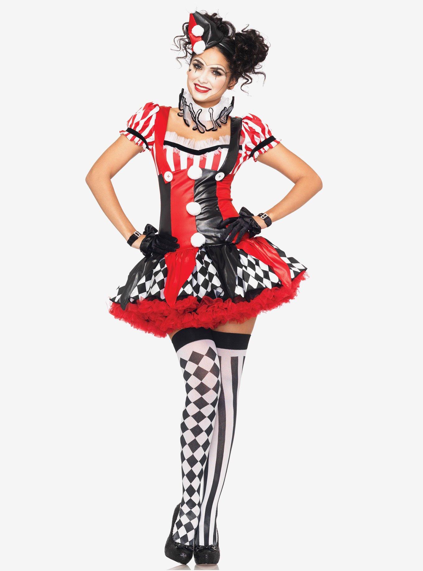 Clown Costume Suspender Dress with Ruffle Neck & Hat, BLACK, hi-res