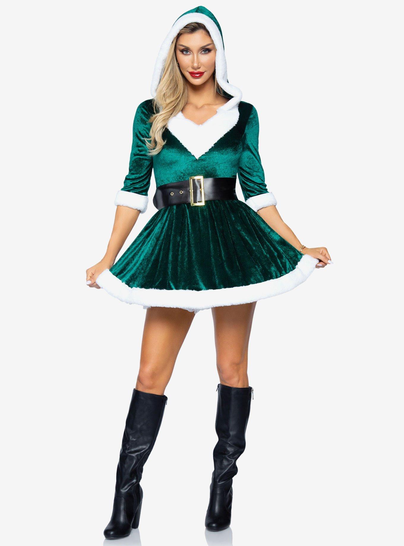 Mrs. Claus Costume Velvet Hooded Dress with Belt Green, GREEN, hi-res