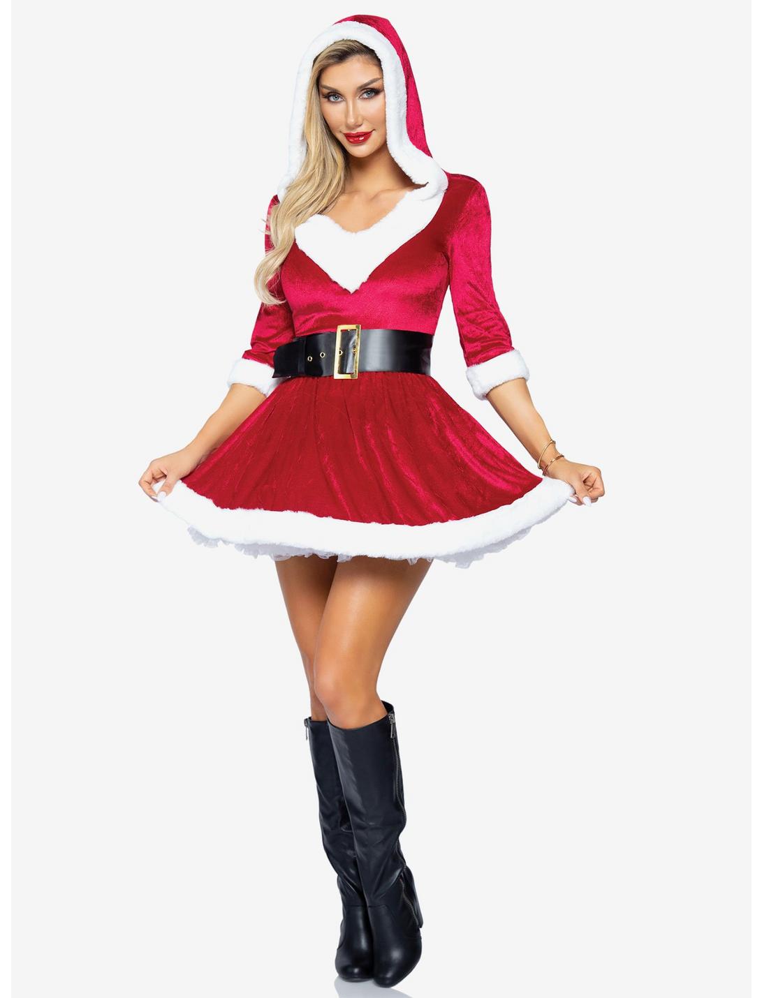 Mrs. Claus Costume Velvet Hooded Dress with Belt Red, RED, hi-res