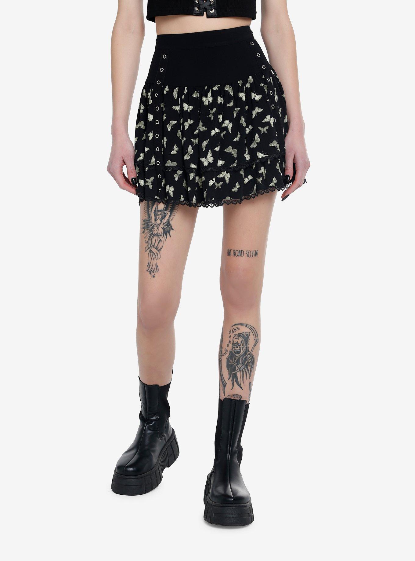 Butterfly Grommet Tiered Skirt, BLACK, hi-res