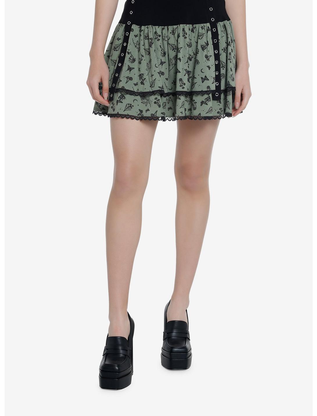 Thorn & Fable Green Butterfly Mushroom Tiered Skirt, BLACK, hi-res
