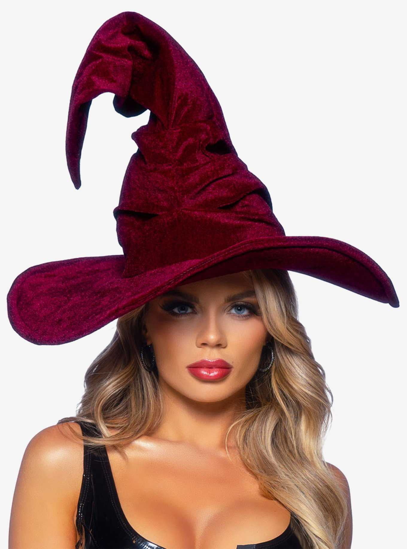 Burgundy Velvet Ruched Witch Hat, , hi-res