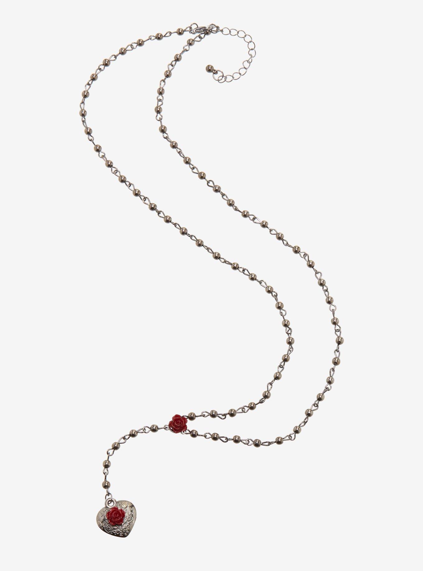 Red Rose Heart Locket Rosary Necklace Hot Topic