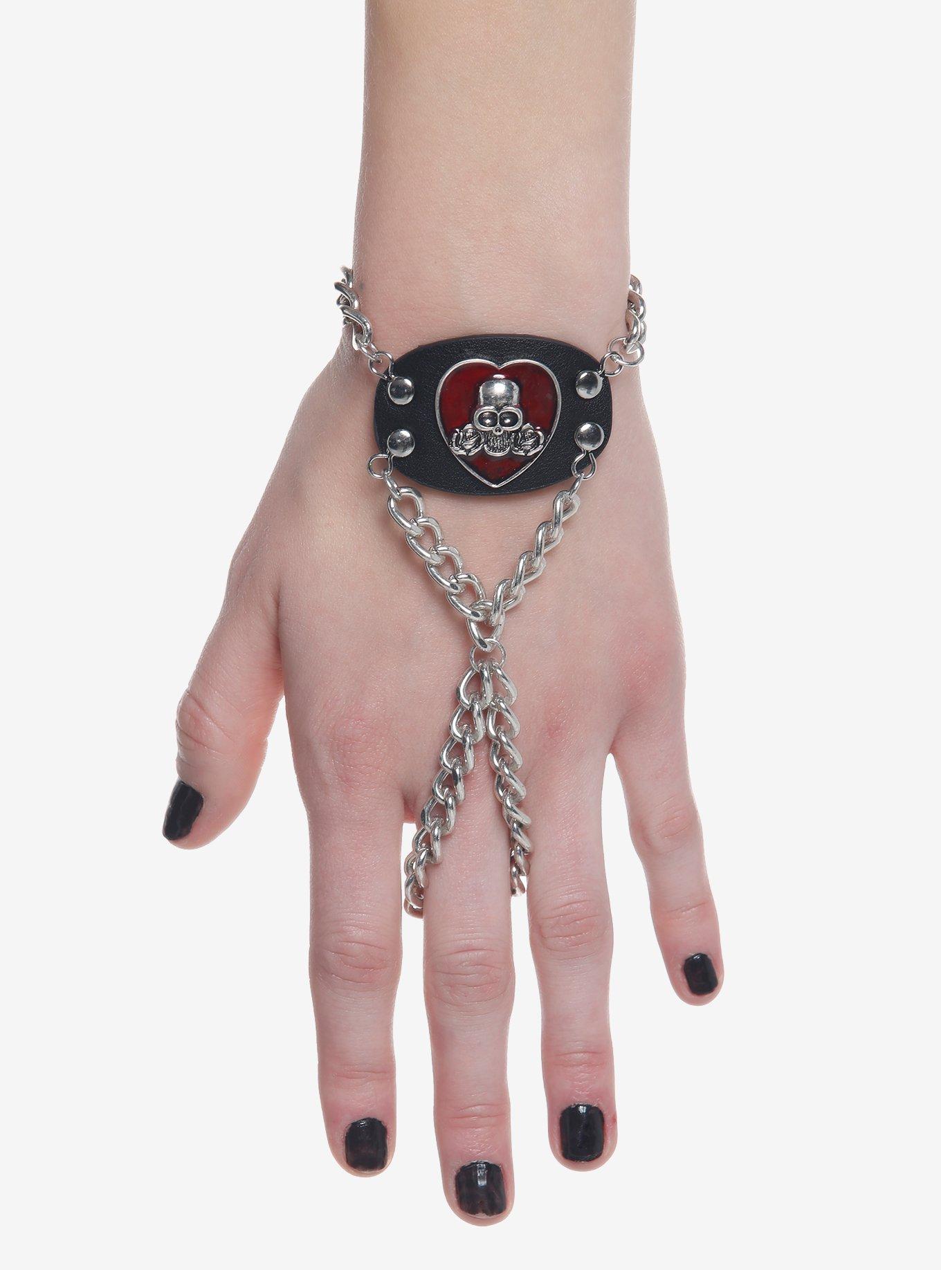 Skull Heart Chain Hand Ring Bracelet, , hi-res