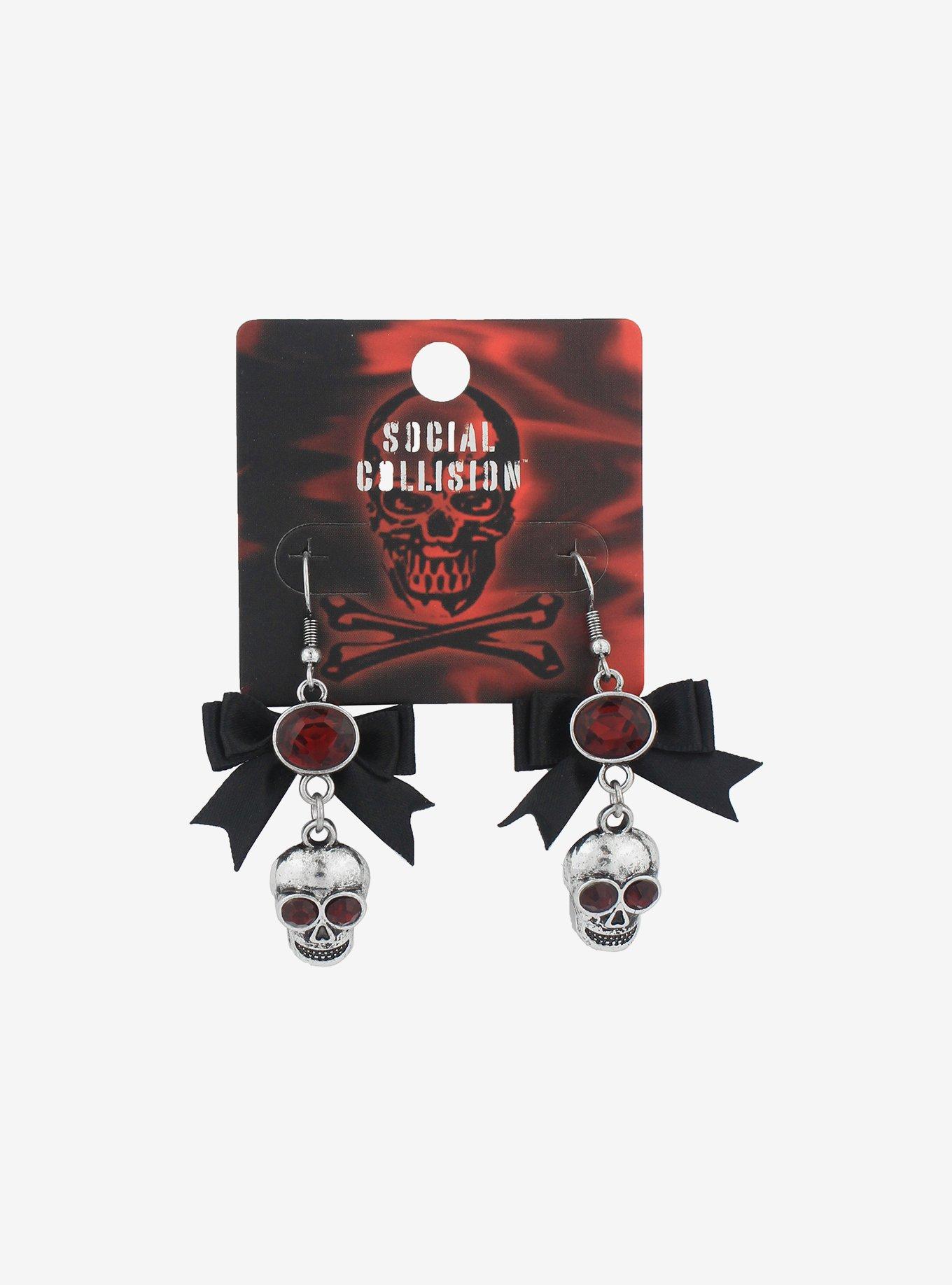 Red Gem Skull Bow Earrings, , hi-res
