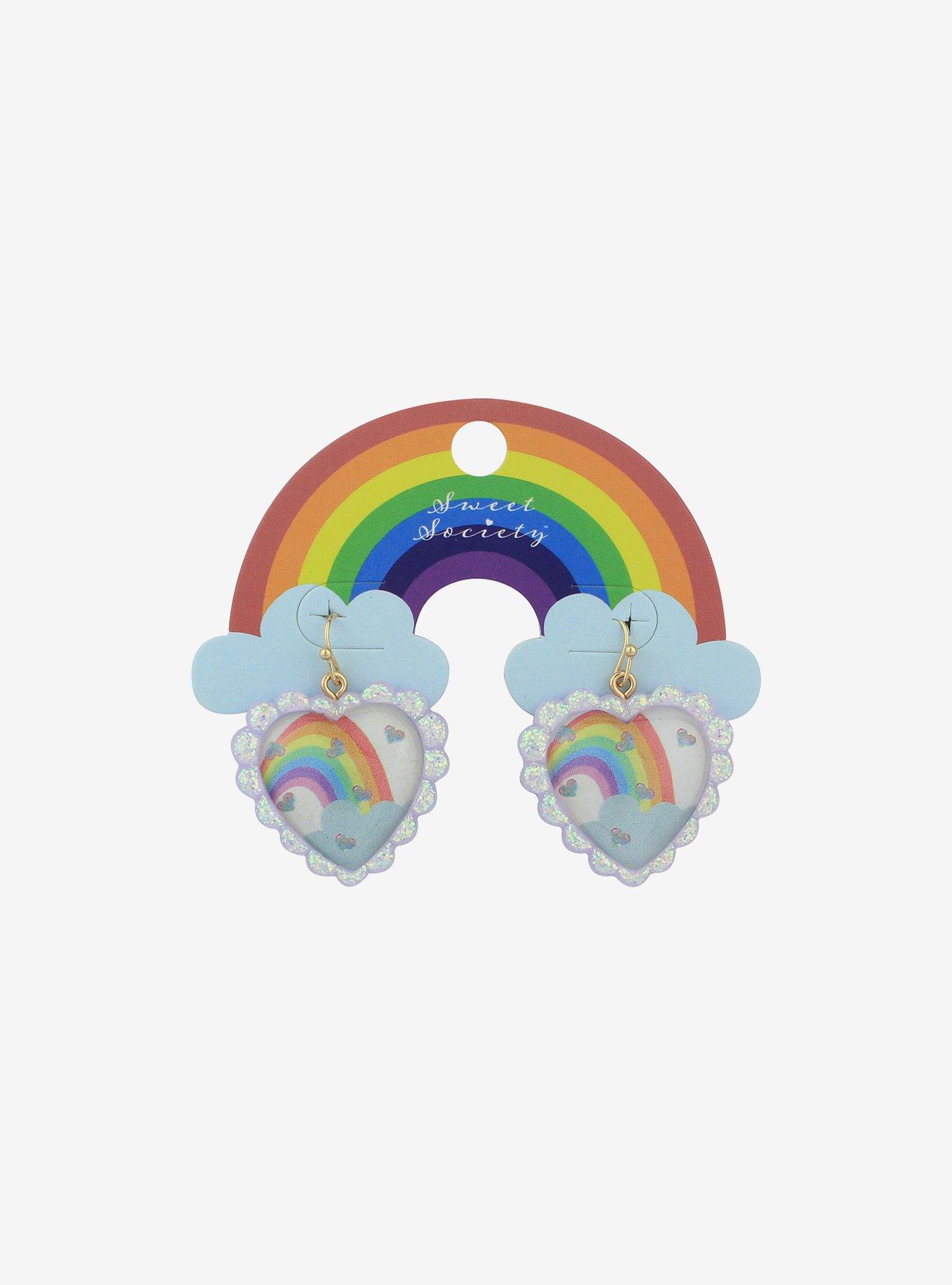 Rainbow Glitter Heart Earrings, , hi-res