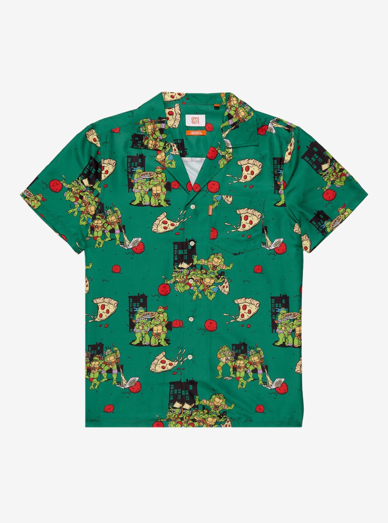 OppoSuits Teenage Mutant Ninja Turtles Pizza Allover Print Woven Button-Up - BoxLunch Exclusive, FOREST GREEN, hi-res