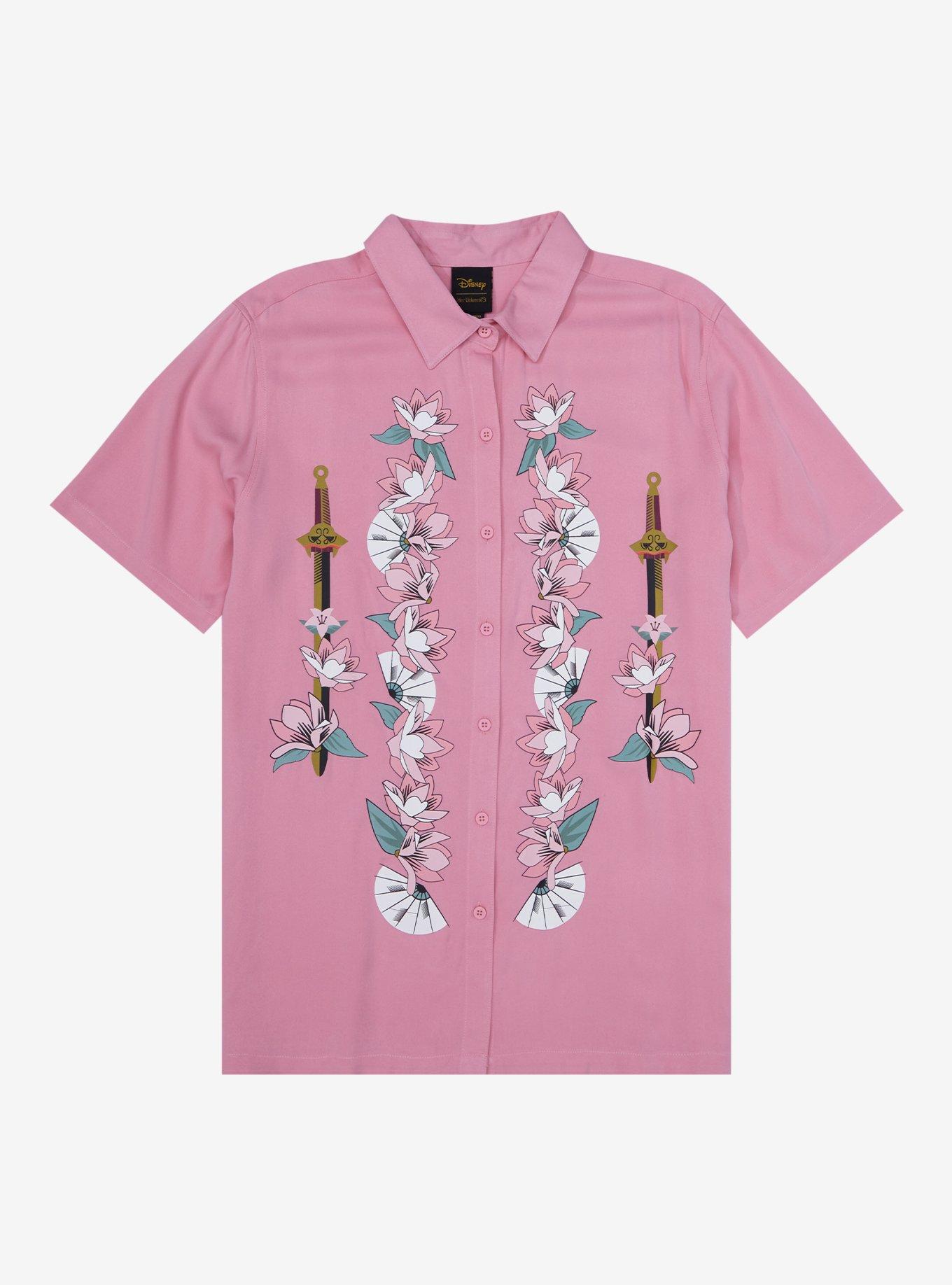Disney Mulan Traditional Portrait Woven Women's Plus Size Button-Up - BoxLunch Exclusive, PINK, hi-res