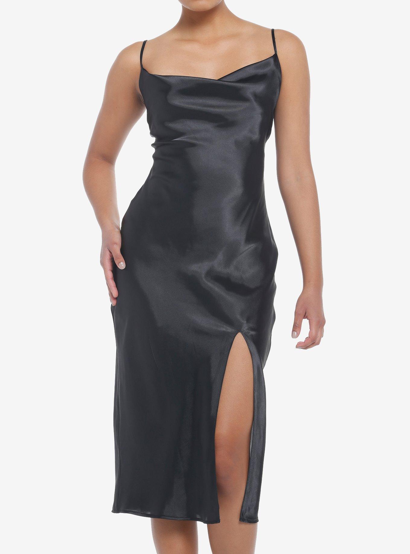 Black Satin Midi Slip Dress, BLACK, hi-res