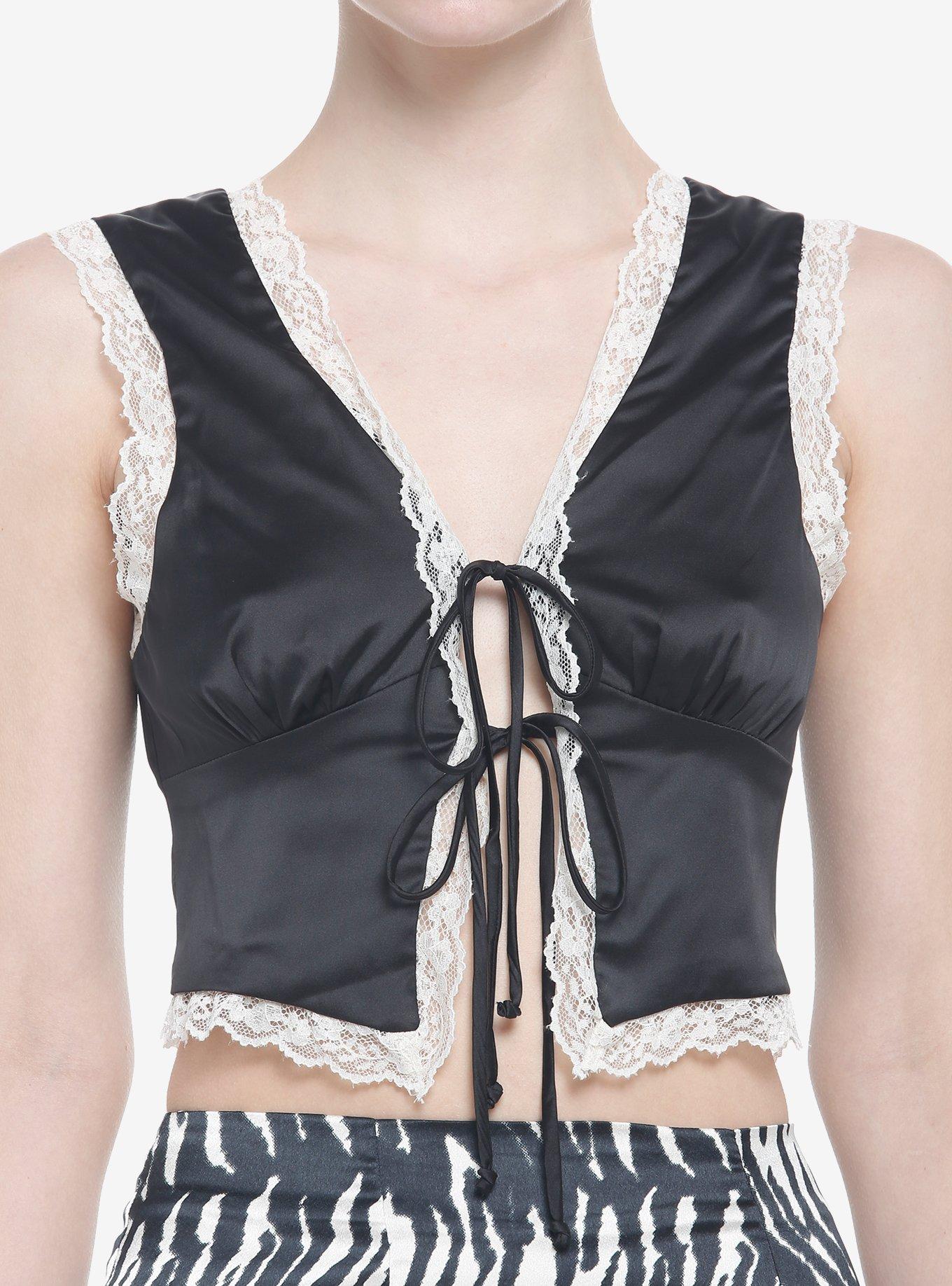 Black Satin Lace Tie-Front Cropped Girls Vest Top, BLACK, hi-res