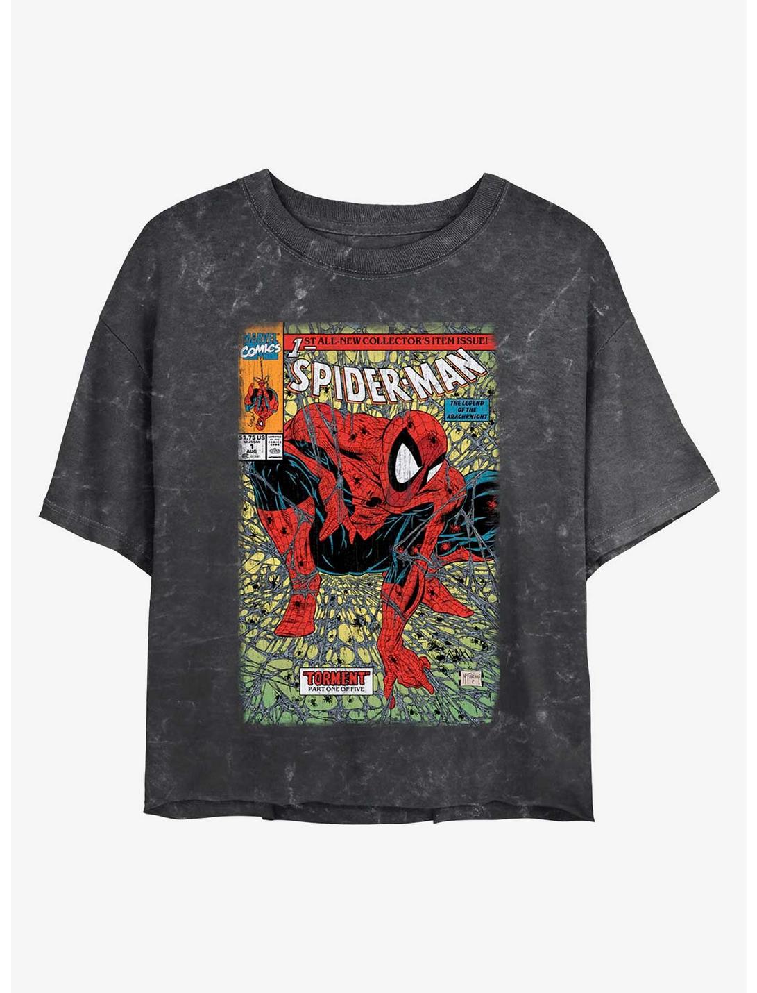 Marvel Spider-Man Torment Comic Book Cover Mineral Wash Womens Crop T-Shirt, BLACK, hi-res