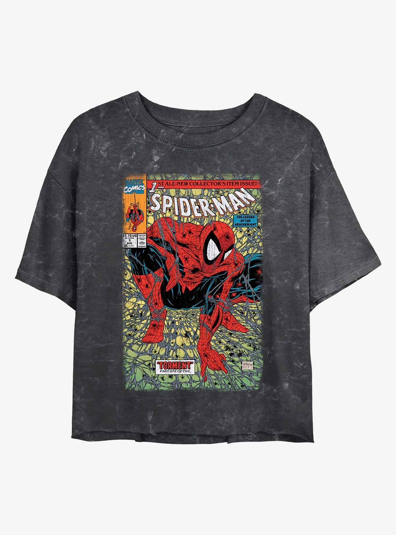 Marvel Spider-Man Torment Comic Book Cover Mineral Wash Womens Crop T-Shirt, BLACK, hi-res