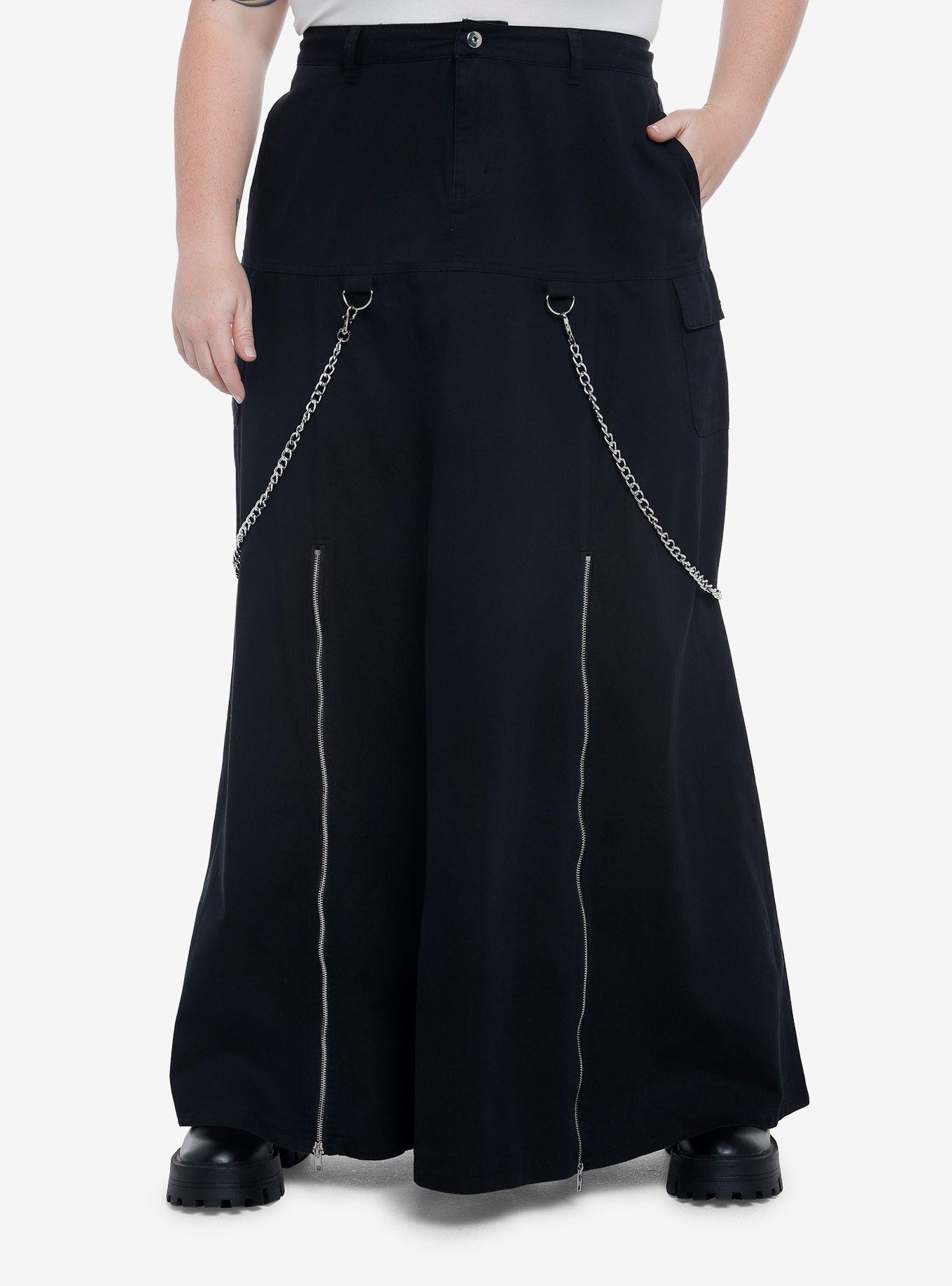 Chain Suspender Zipper Maxi Skirt Plus Size, BLACK, hi-res