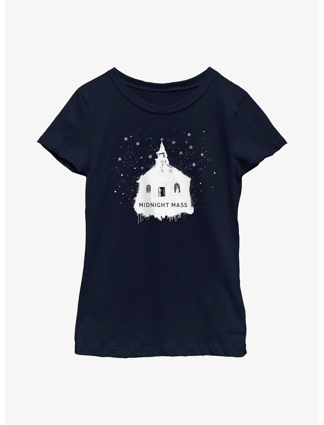 Midnight Mass Snowy Church Youth Girls T-Shirt, NAVY, hi-res