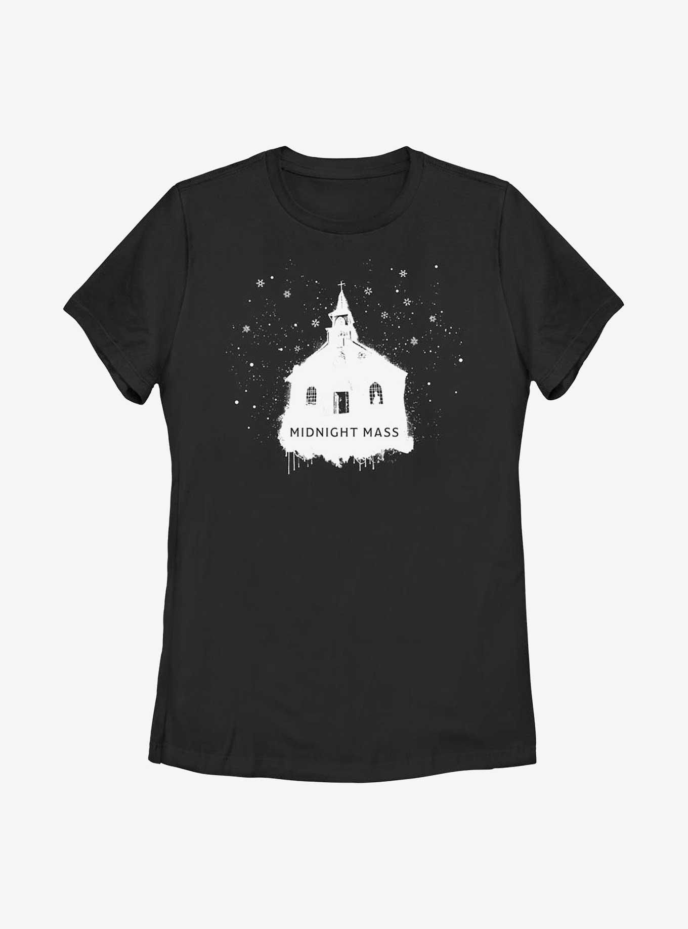 Midnight Mass Snowy Church Womens T-Shirt, BLACK, hi-res