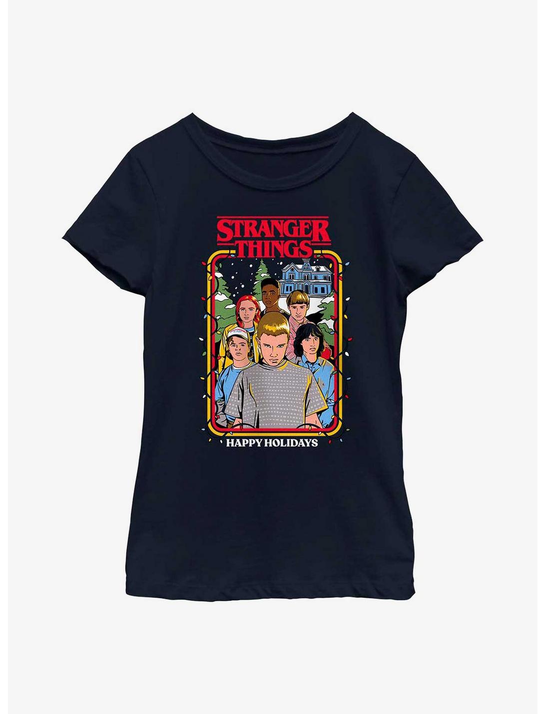 Stranger Things Happy Holidays Group Youth Girls T-Shirt, NAVY, hi-res