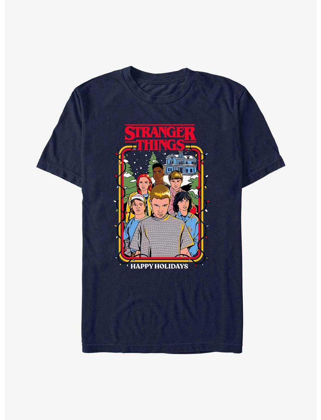 Stranger Things Happy Holidays Group T-Shirt, NAVY, hi-res