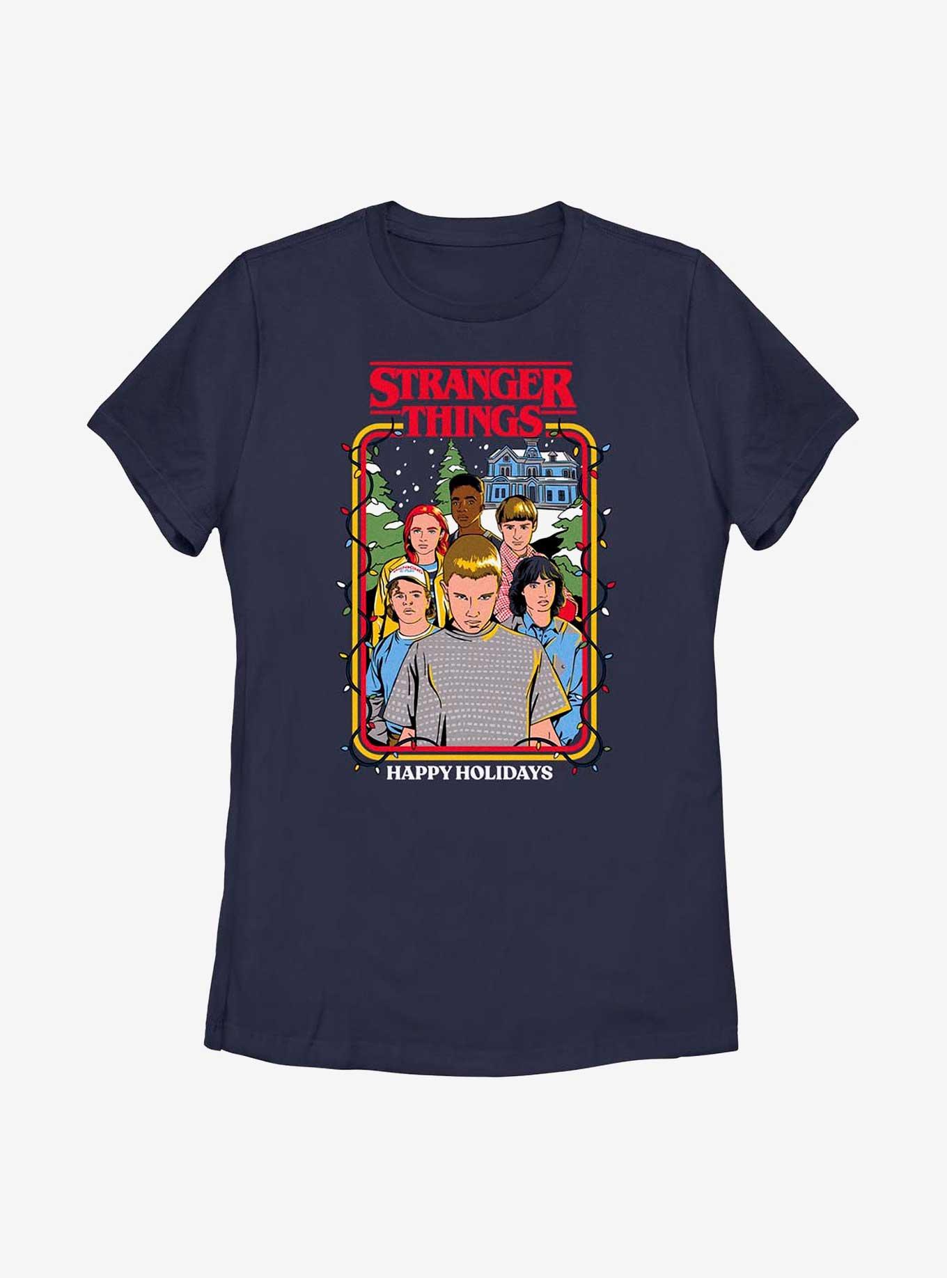 Stranger Things Happy Holidays Group Womens T-Shirt, NAVY, hi-res