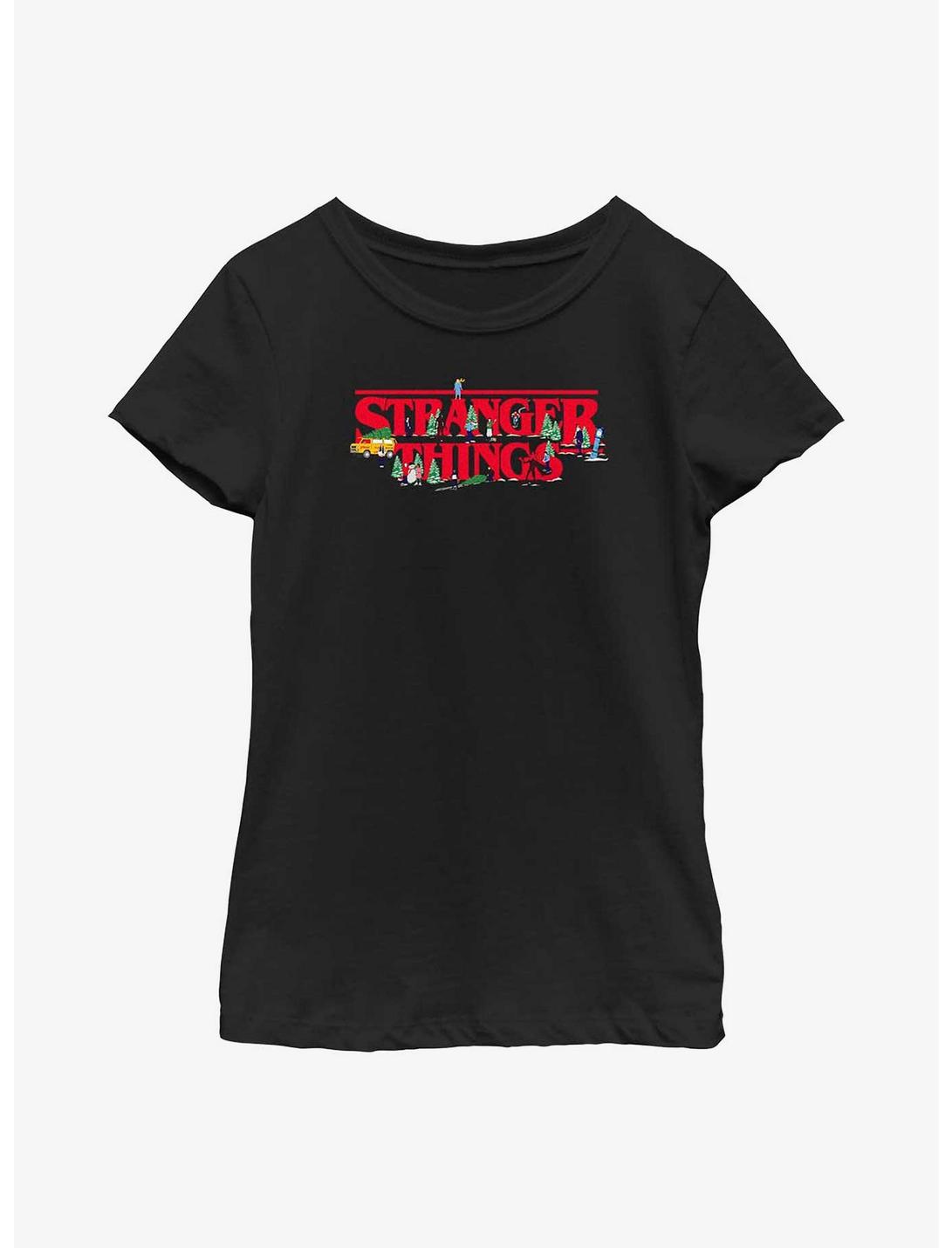Stranger Things Christmas Scene Logo Youth Girls T-Shirt, BLACK, hi-res
