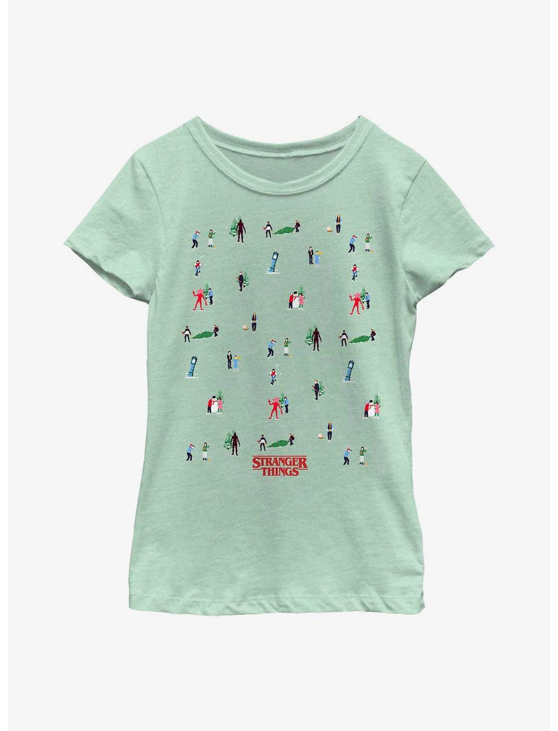 Stranger Things Holiday Tree Scenes Group Youth Girls T-Shirt, MINT, hi-res