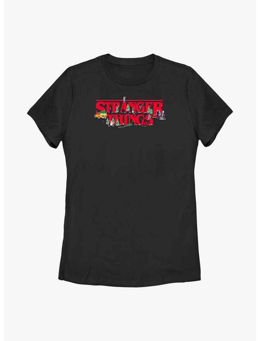 Stranger Things Christmas Scene Logo Womens T-Shirt, BLACK, hi-res