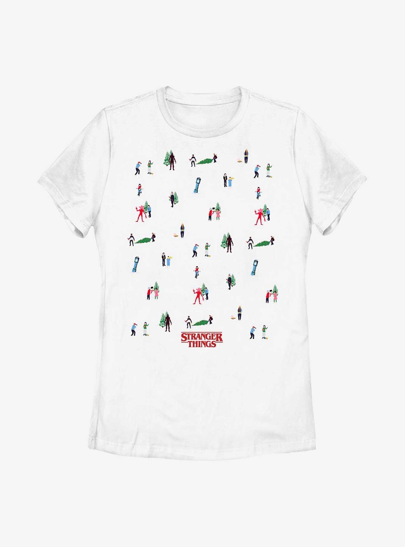 Stranger Things Holiday Tree Scenes Group Womens T-Shirt, WHITE, hi-res