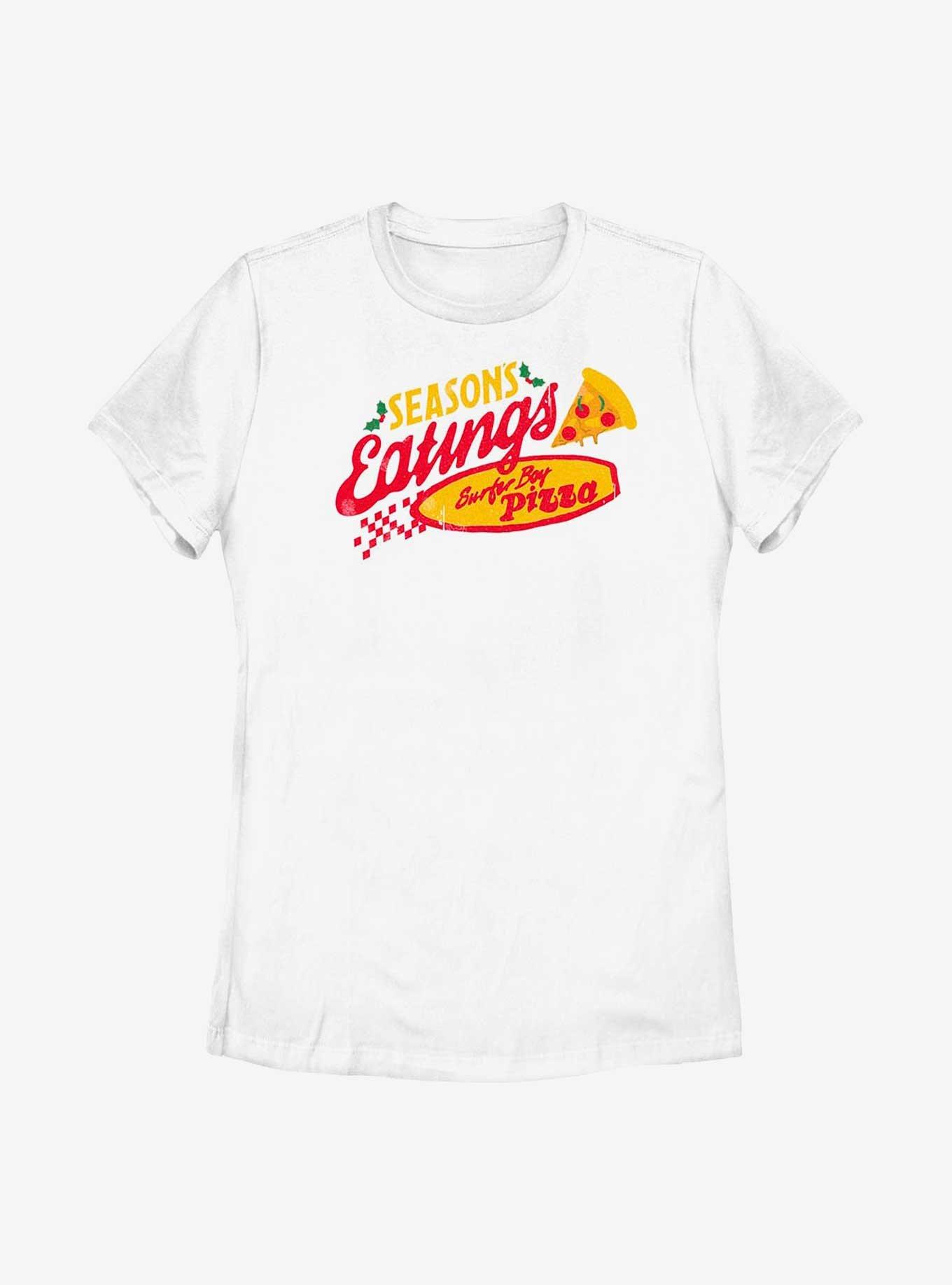 Stranger Things Season's Eatings Surfer Boy Pizza Logo Womens T-Shirt, WHITE, hi-res