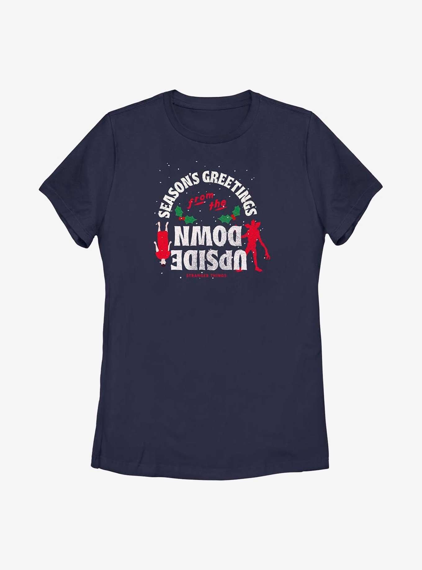 Stranger Things Season's Greetings From The Upside Down Womens T-Shirt, NAVY, hi-res